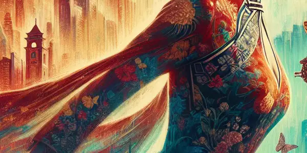 A glamorous female figure in traditional and modern attire against a vibrant Hong Kong backdrop, symbolizing love and suspense.