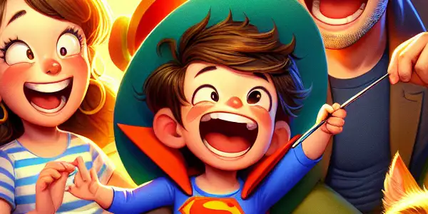 A lively family adventure featuring Shinnosuke Nohara, his parents, and their playful dog in a whimsical, colorful setting.