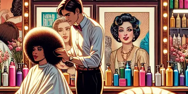 A cozy beauty salon scene with a stylist, colorful products, and friends sharing laughter.