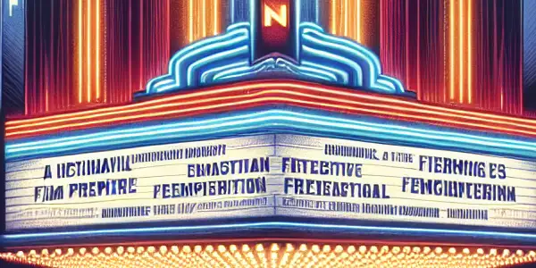A lively movie premiere outside a grand cinema, featuring excited crowds, a red carpet, and bright neon lights.