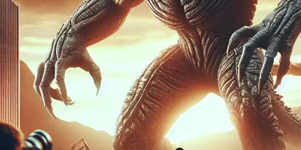 A towering monster looms over a city, as diverse humans react with awe and fear amidst destruction.