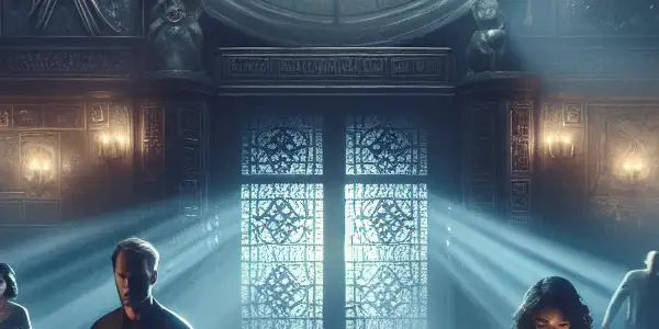 A dimly lit escape room filled with cryptic symbols, anxious individuals solving puzzles, and hidden clues.