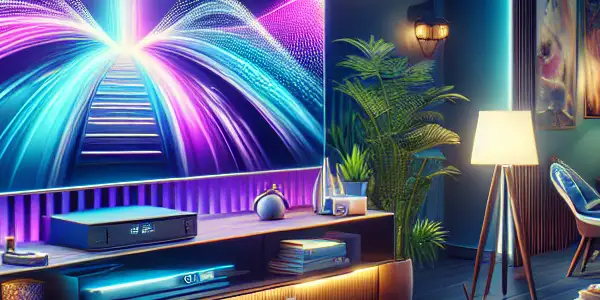 A modern living room with a large screen showcasing seamless streaming of high-quality multimedia content.