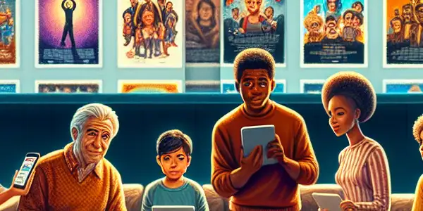 A lively digital scene of a diverse group enjoying a movie streaming platform in a cozy living room.