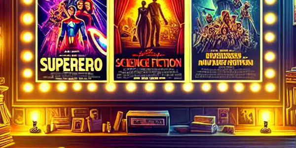 A cozy home theater filled with iconic movie posters, popcorn, memorabilia, and warm, inviting lighting.