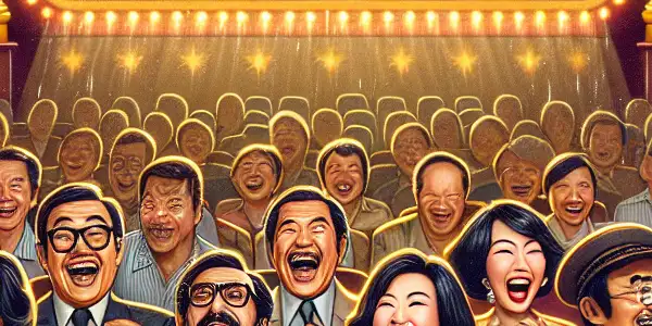 A lively vintage movie theater scene celebrating Hong Kong cinema, featuring Shi Tian and enthusiastic 1980s filmgoers enjoying comedy.