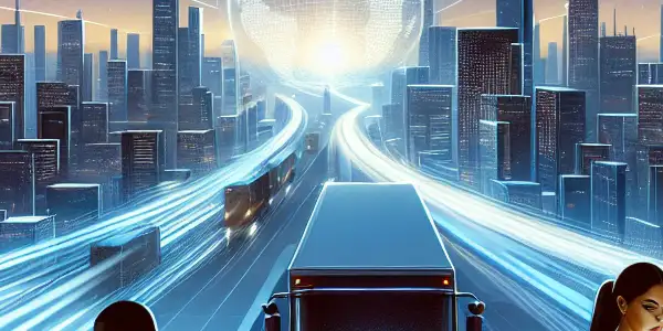 A futuristic delivery vehicle transports discreet adult products in a high-tech city, emphasizing privacy and security.