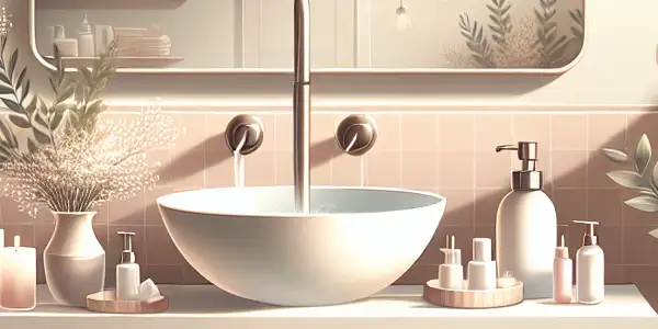 A tranquil bathroom scene featuring a stylish sink, gentle cleaning products, and soft lighting for intimate hygiene care.