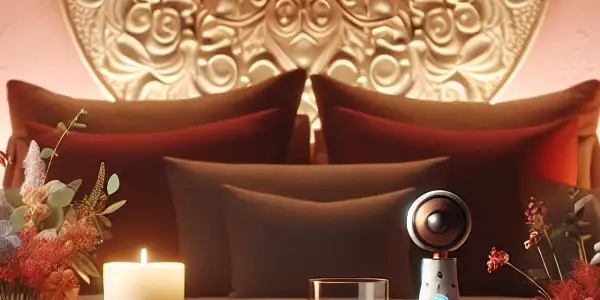 A cozy, elegantly styled bedroom featuring a Durex pleasure set and Thunder massager, surrounded by health symbols.