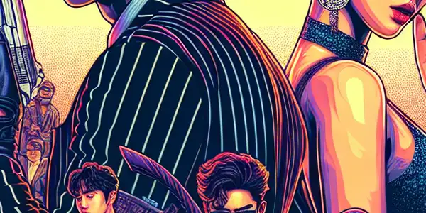 A dynamic movie poster featuring a rugged young man and a stylish woman in an urban, vibrant setting.