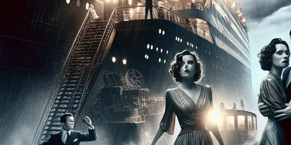 A vintage ocean liner struggles in a storm, featuring three emotionally connected characters amidst chaos and impending disaster.