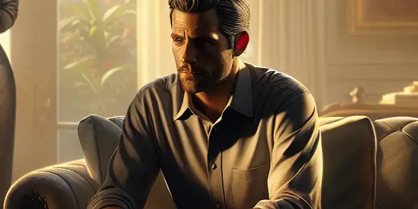 A thoughtful young man and an enigmatic new mom share a tense moment in a stylish, warm-lit living room.