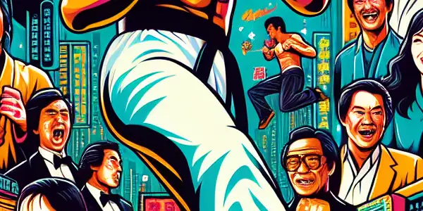 A dynamic movie poster featuring Sammo Hung in action, showcasing martial arts, humor, and vibrant Hong Kong scenery.