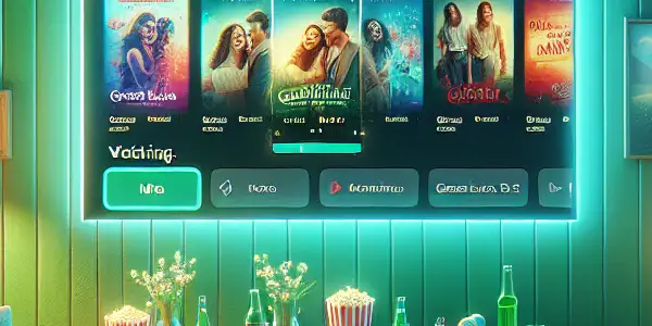 A cozy living room with a large screen displaying a vibrant movie streaming platform and a collage of film posters.