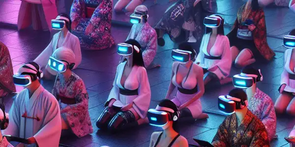 A vibrant futuristic VR scene showcasing diverse people engaging in interactive adult entertainment experiences with elaborate costumes.<a href=