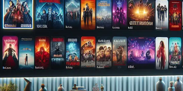 A modern living room showcasing a high-tech digital platform for diverse adult films on a vibrant screen.