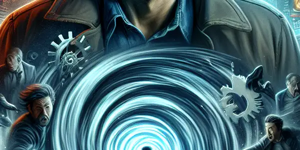 A distressed man caught in a swirling vortex, surrounded by shadowy figures in a chaotic cityscape at dusk.