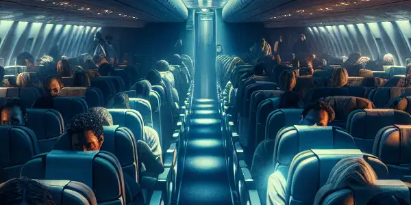 A tense airplane cabin filled with anxious passengers amid mysterious supernatural events during a flight from Los Angeles to Tokyo.
