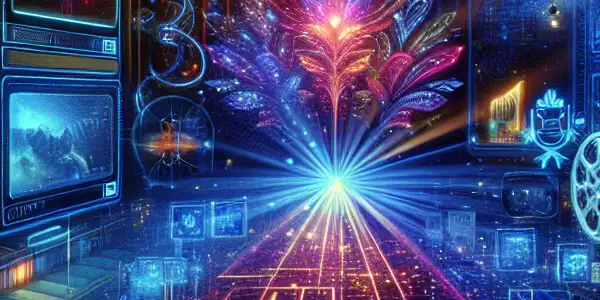 A vibrant digital platform for adult entertainment, featuring neon lights, dynamic interfaces, and iconic film scenes.