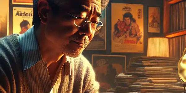 A cozy room filled with vintage film memorabilia, featuring a collector examining a DVD case amidst nostalgic decor.