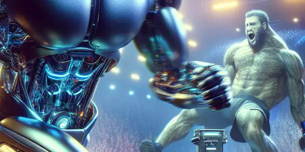 A futuristic robot boxing match featuring Atom, with a father and son team supporting him in an electrifying arena.