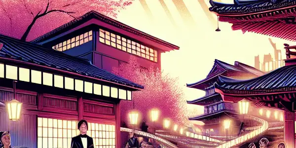 A vibrant film set showcasing Japanese AV cinema, featuring diverse characters, cherry blossoms, and a starry sky.