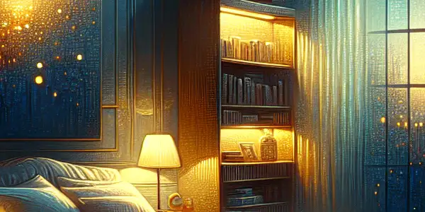 A cozy, moonlit bedroom with soft lighting, a comfortable bed, and a vintage projector casting silhouettes.