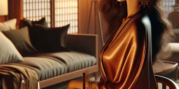 A romantic living room scene featuring an elegant woman and a gourmet dinner, embodying intimacy and allure.