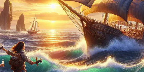 A vibrant sunset seascape featuring adventurous explorers interacting playfully near crashing waves and a majestic sailing ship.