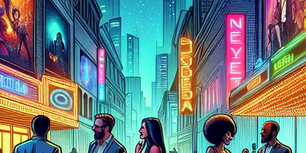 A lively urban street at night, filled with diverse people, neon lights, and vibrant film posters.