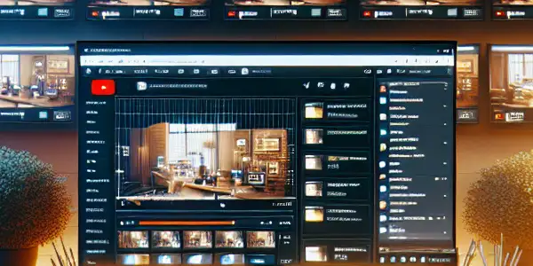 A modern workspace with multiple monitors displaying adult film platforms and a dashboard for video uploading strategies.