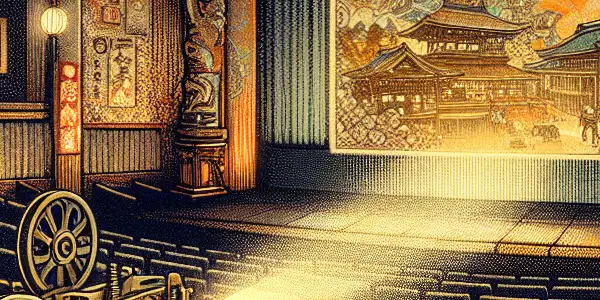 A vintage cinema scene featuring a film projector, classic AV film posters, and elements of Japanese culture.