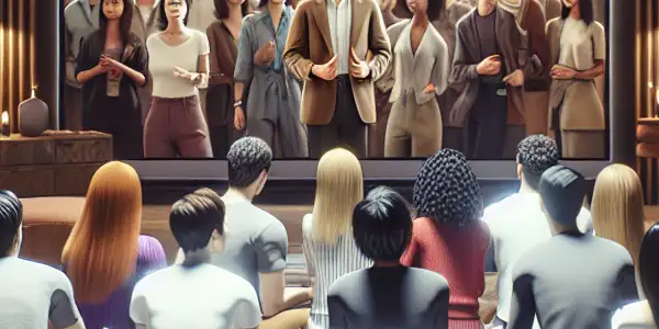 A cozy home theater with diverse young adults enjoying a classic Japanese adult film on a large screen.