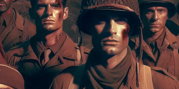 A tense group of 1940s military heroes in a war-torn landscape, showcasing struggle and resilience.