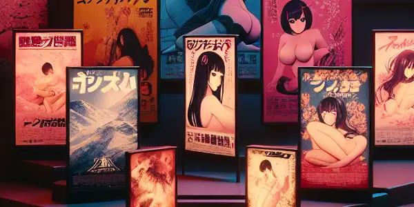 A modern digital interface showcasing diverse adult film posters with vibrant colors and an inviting atmosphere.