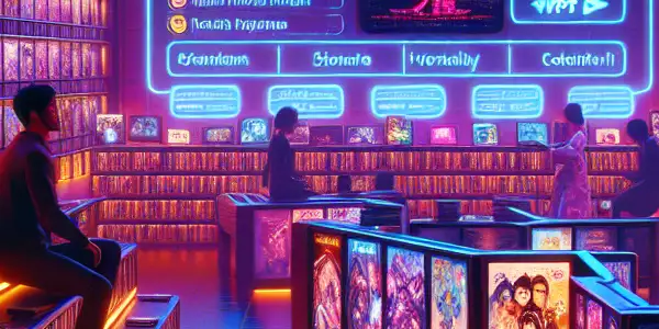 A futuristic digital library showcasing Japanese AV films, with vibrant screens, diverse characters, and a colorful, inviting atmosphere.