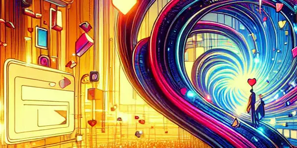 A vibrant digital interface showcasing high-speed multimedia consumption, featuring abstract film elements and romantic motifs against a neon city backdrop.