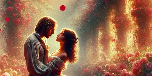 A romantic moment between two characters in a blooming rose garden at sunset.