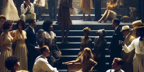 A glamorous film set featuring a diverse cast in a dramatic scene, highlighting contrasts between American and Japanese adult films.