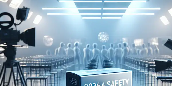 A modern laboratory showcasing the 2026AV Safety Condom with elements of an adult film set in the background.