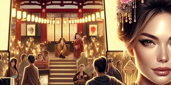 A vibrant Japanese film set featuring a charismatic female lead, traditional architecture, and a film crew capturing intimate moments.