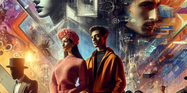 A vibrant film set depicting an avant-garde adult film shoot with unconventional costumes and eclectic cultural props.