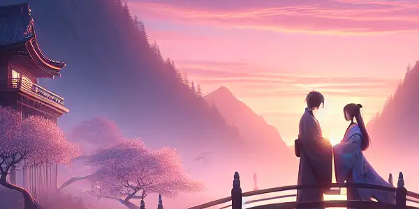 A romantic couple gazes into each other's eyes on a wooden bridge surrounded by cherry blossoms at twilight.