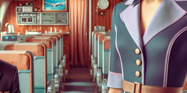 A stylish air hostess in a 1960s airplane, interacting with a charming pilot, amidst clouds and retro decor.