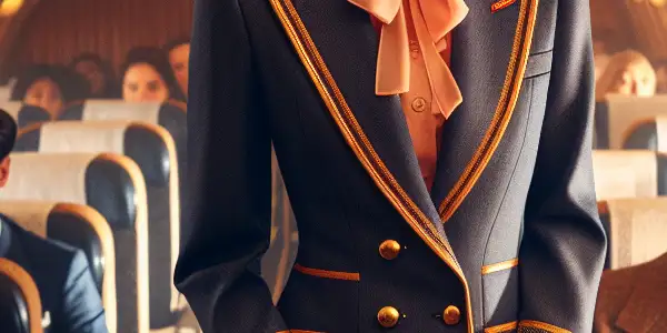 A stylish flight attendant in a vintage aircraft aisle, surrounded by diverse, excited passengers in a nostalgic 1980s setting.