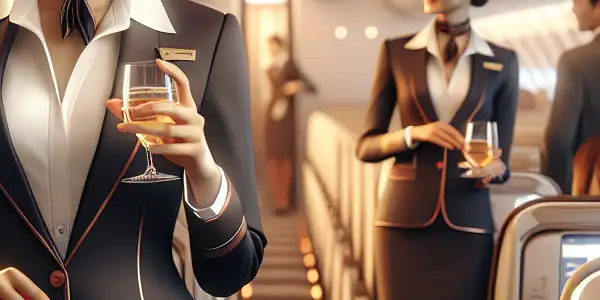 A stylish airline cabin scene featuring a confident flight attendant interacting with passengers in a luxurious atmosphere.