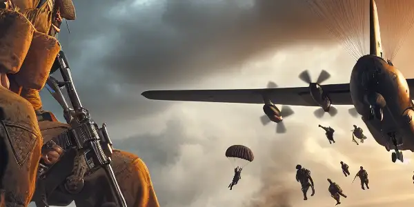 A heroic soldier parachuting into enemy territory from a vintage aircraft against a war-torn landscape at sunset.