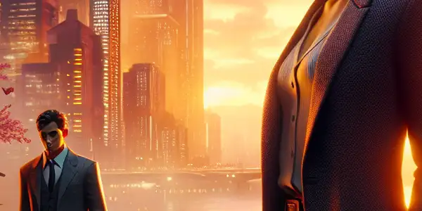 A confident woman and an emotional man share a moment in a vibrant Hong Kong sunset, reflecting modern love.