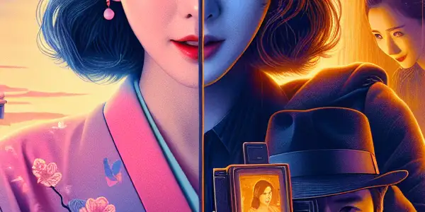 Akiyo Yoshizawa in a split-screen poster showcasing her roles in romance and suspense films, surrounded by cherry blossoms and shadows.