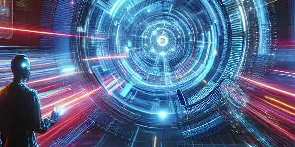 A user interacts with a holographic search interface displaying thumbnails of adult films in a futuristic setting.